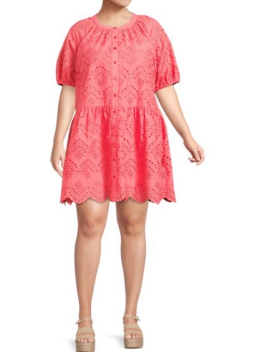 Coral Eyelet Button-Front Dress